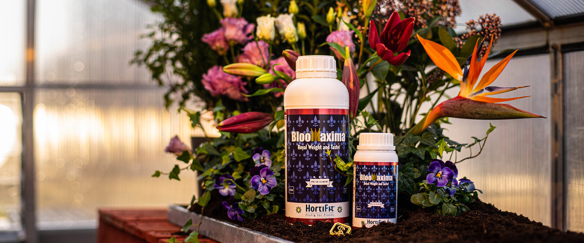 Producten compositie met bloemen en aarde